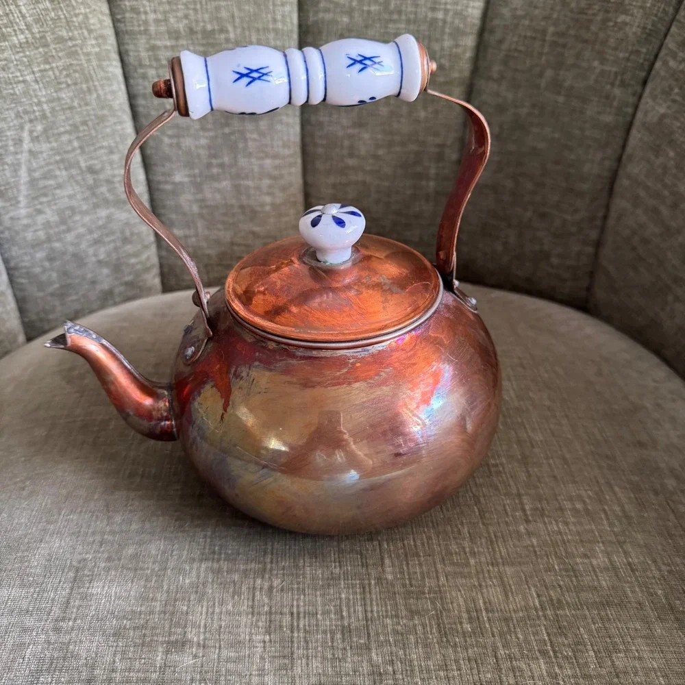 Vintage Copper Tea Kettle Blue White Ceramic Handle Cottagecore Farmhouse BOHO